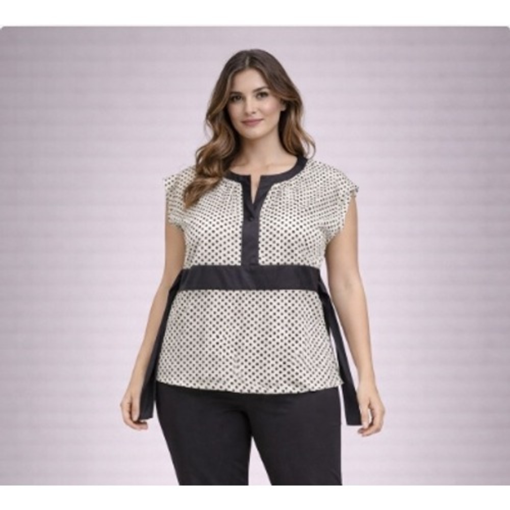 Perceptions Petite Blouse Womens 16P Black White Polka Dot Satin‎ Career Top NWT